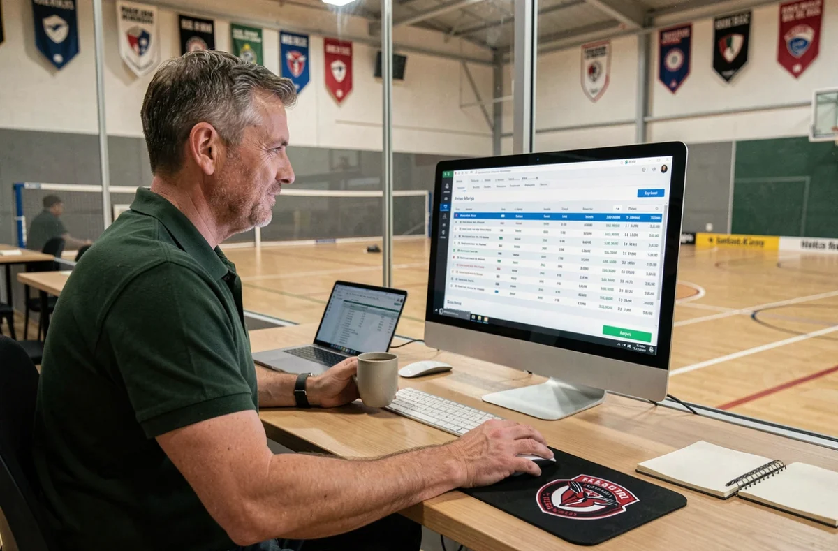 Administrateur de club sportif utilisant un logiciel d'extraction comptable Gesthand FFHB sur ordinateur de bureau