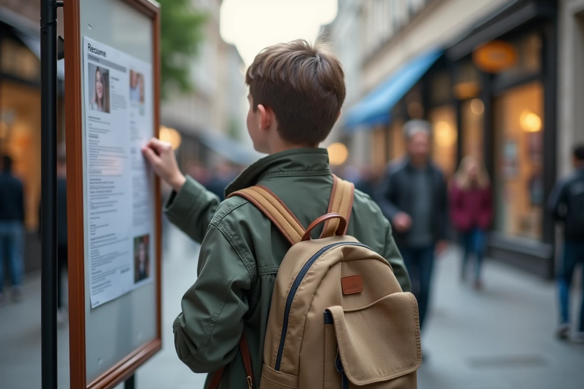 Adolescent accrochant un CV sur un panneau d
