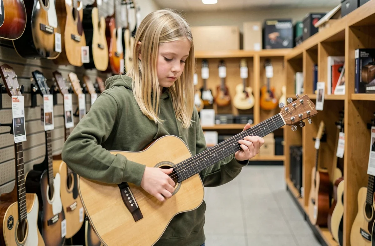 Adolescente choisissant une guitare acoustique adaptée aux débutants dans un magasin de musique