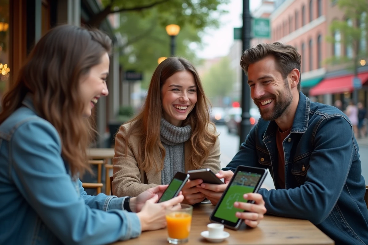 Trois amis regardant un match de football au café en extérieur