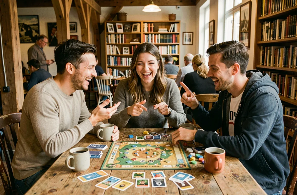 Groupe d'amis jouant à un jeu de société dans un café vintage convivial, idée de loisir social et divertissement entre amis pendant le temps libre