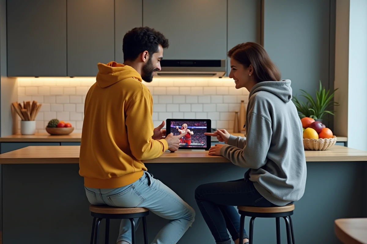 Deux amis regardant un match NBA en streaming sur tablette dans une cuisine moderne
