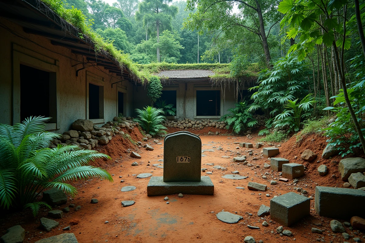 Une clairière dans la jungle cambodgienne avec des fondations en béton abandonnées et un marqueur en pierre gravé 1975, symbolisant le Cambodge Année Zéro de Pol Pot