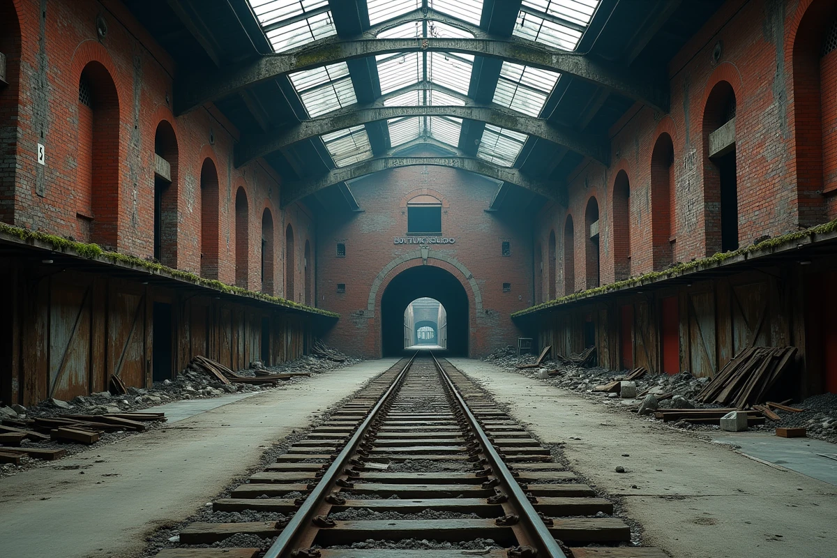 L'intérieur en ruines d'un bâtiment industriel avec des rails en fer rouillés menant vers une porte en métal, symbolisant l'industrialisation nazie de l'extermination