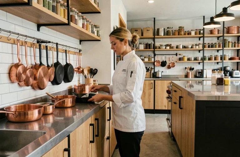 Cheffe cuisinière professionnelle organisant des ustensiles et équipements de cuisine performants dans une cuisine moderne ouverte