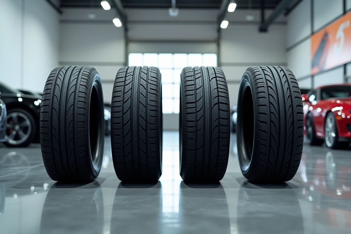 Comparaison de quatre types de pneus auto différents alignés dans un showroom spécialisé