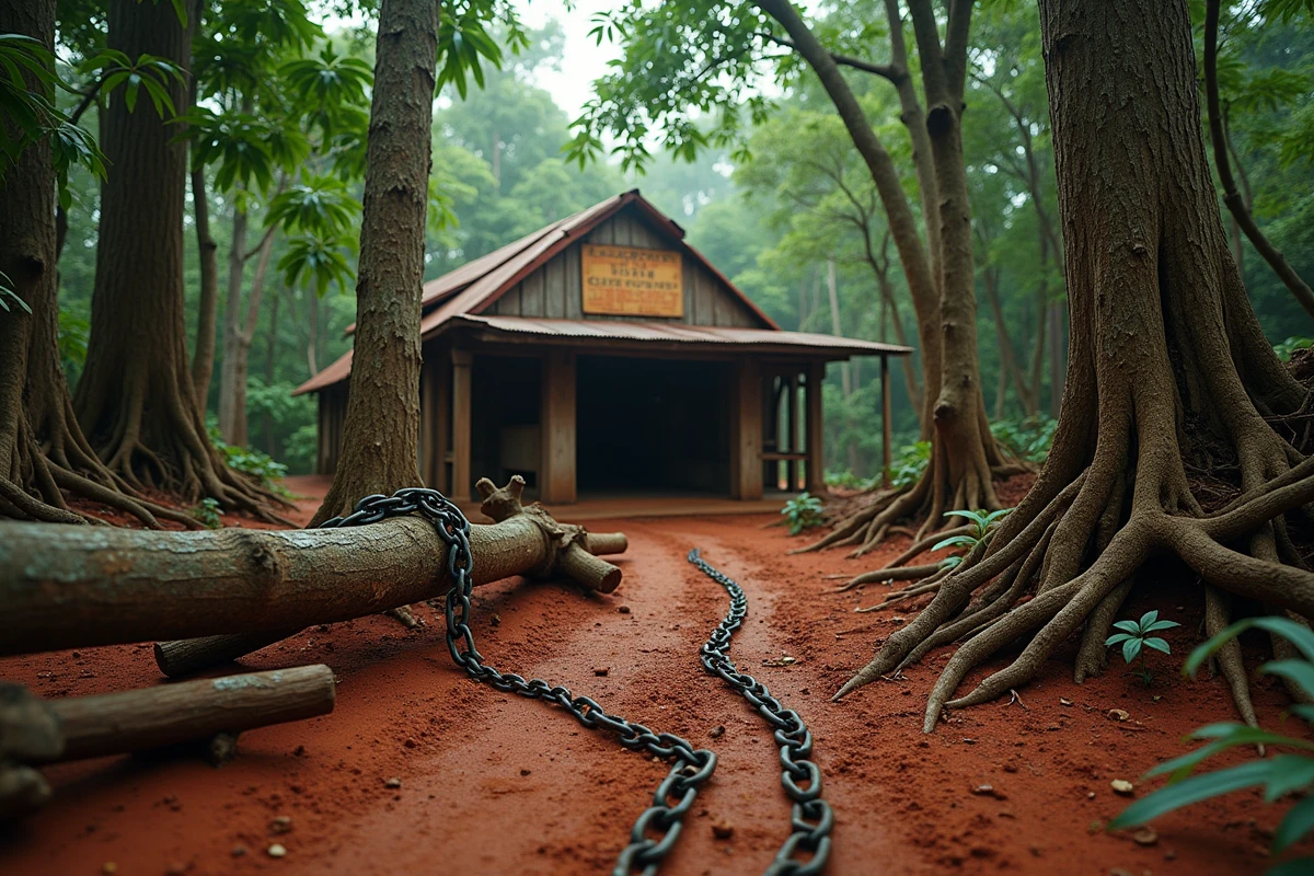 Une forêt équatoriale congolaise avec des chaînes en fer rouillées au premier plan et un comptoir colonial abandonné, évoquant l'exploitation du Congo par Léopold II