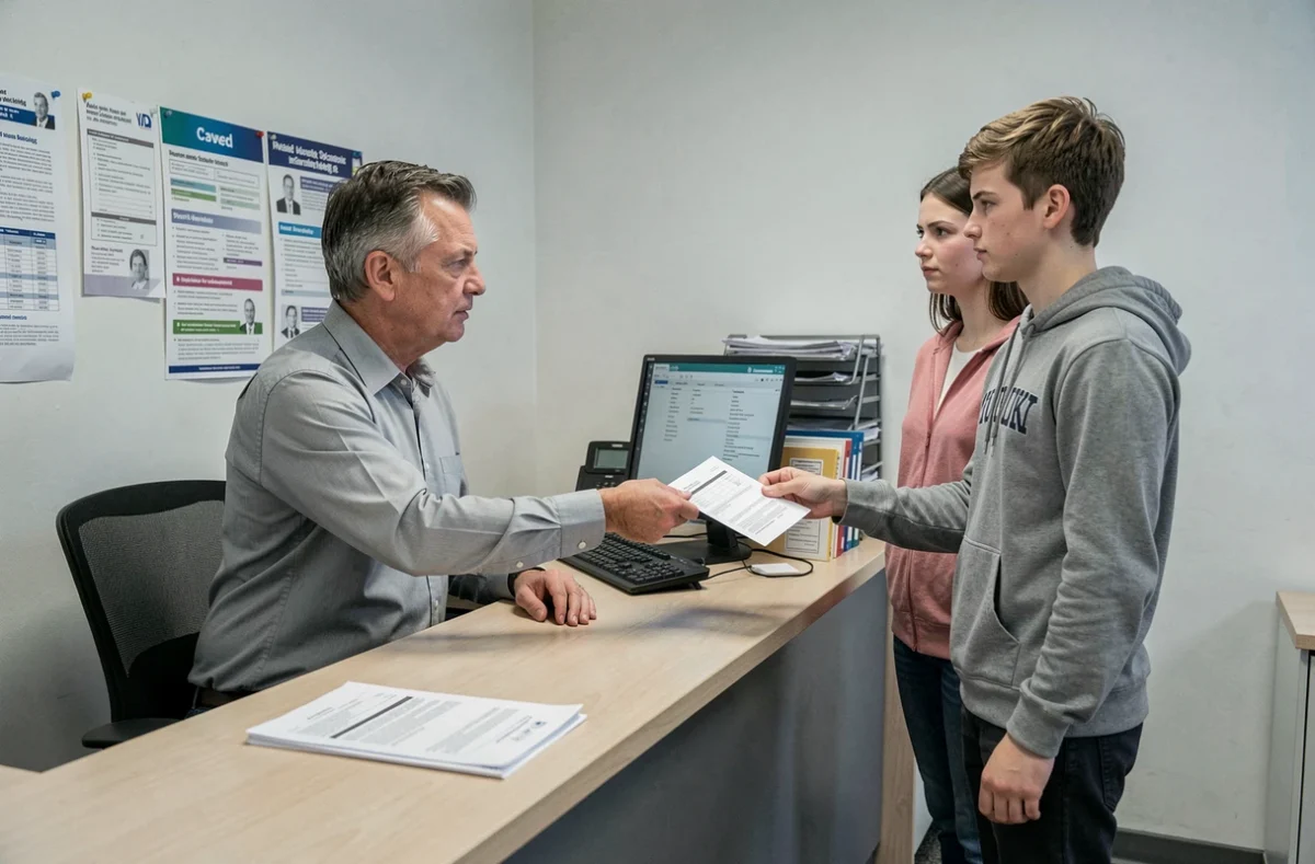 Conseiller de bailleur social remettant un document de renouvellement de bail à un jeune couple dans un bureau HLM