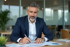Conseiller bancaire analysant des documents de prêt immobilier avec calcul différentiel dans un bureau moderne