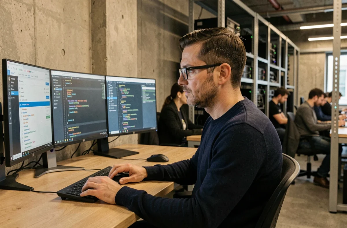 Consultant en informatique d'une ESN grenobloise concentré sur son poste de travail multi-écrans dans un espace de coworking