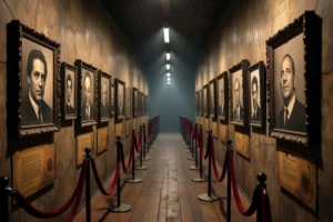 Un couloir de musée historique avec des portraits en noir et blanc encadrés sur des murs en plâtre craquelé, évoquant la mémoire des dictatures du XXe siècle