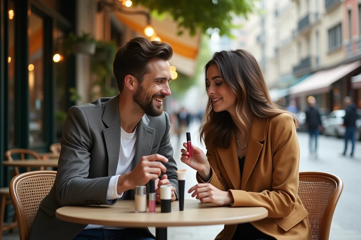 Jeune couple discutant de produits cosmétiques au café