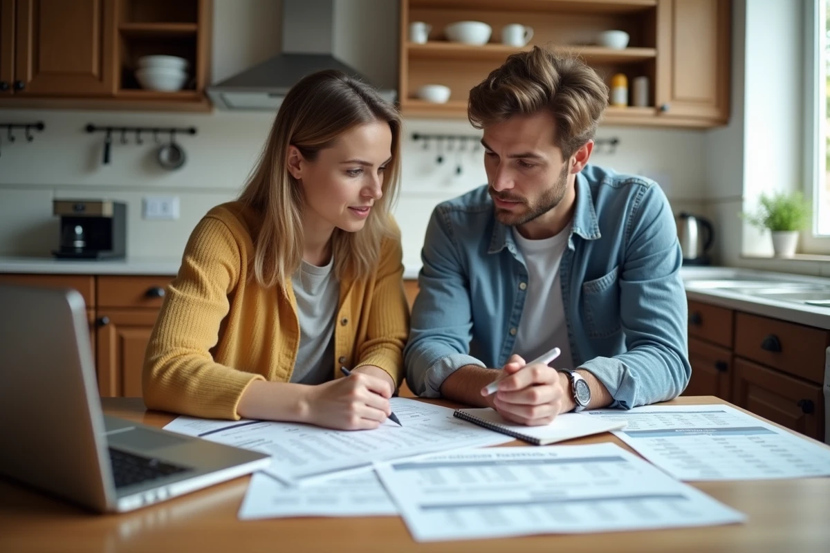 Couple étudiant leur dossier de prêt immobilier et les méthodes de calcul bancaire à la maison