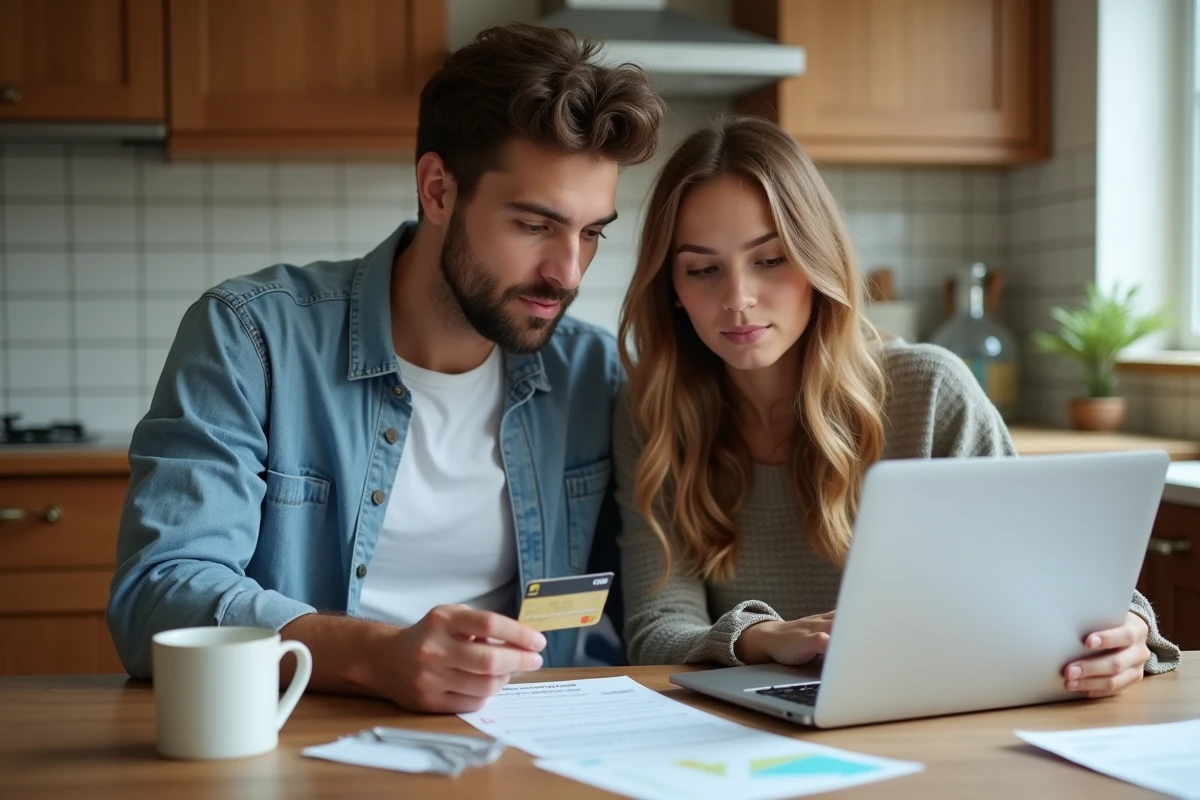 Couple consultant un relevé bancaire avec une carte MCD AS Dual Crédit Agricole posée sur une table de cuisine