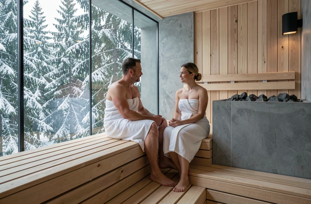 Couple en tenue de spa dans un sauna moderne et luxueux avec vue panoramique sur une forêt de pins enneigés