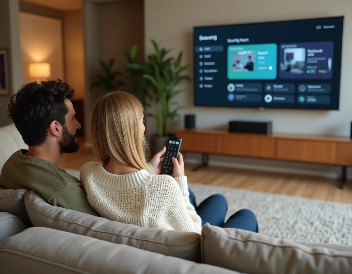 Couple utilisant un tableau de bord domotique sur grand écran dans un salon connecté et confortable