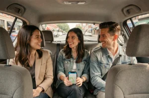 Trois covoitureurs adultes souriants à bord d'une voiture compacte moderne lors d'un trajet quotidien en covoiturage avec l'application Karos