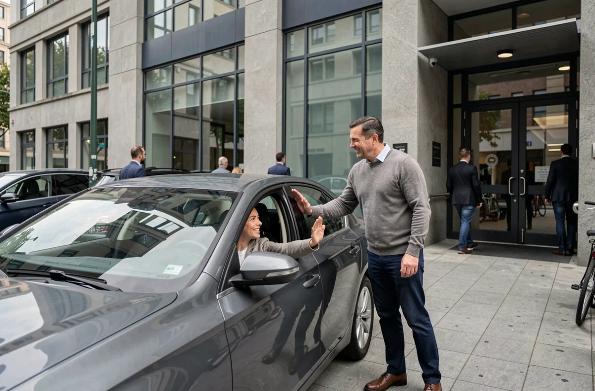 Un conducteur dépose son passager devant un immeuble de bureaux moderne après un trajet de covoiturage Karos en zone urbaine