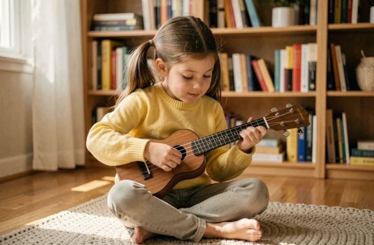 Jeune fille apprenant à jouer du ukulélé, instrument de musique adapté aux enfants débutants