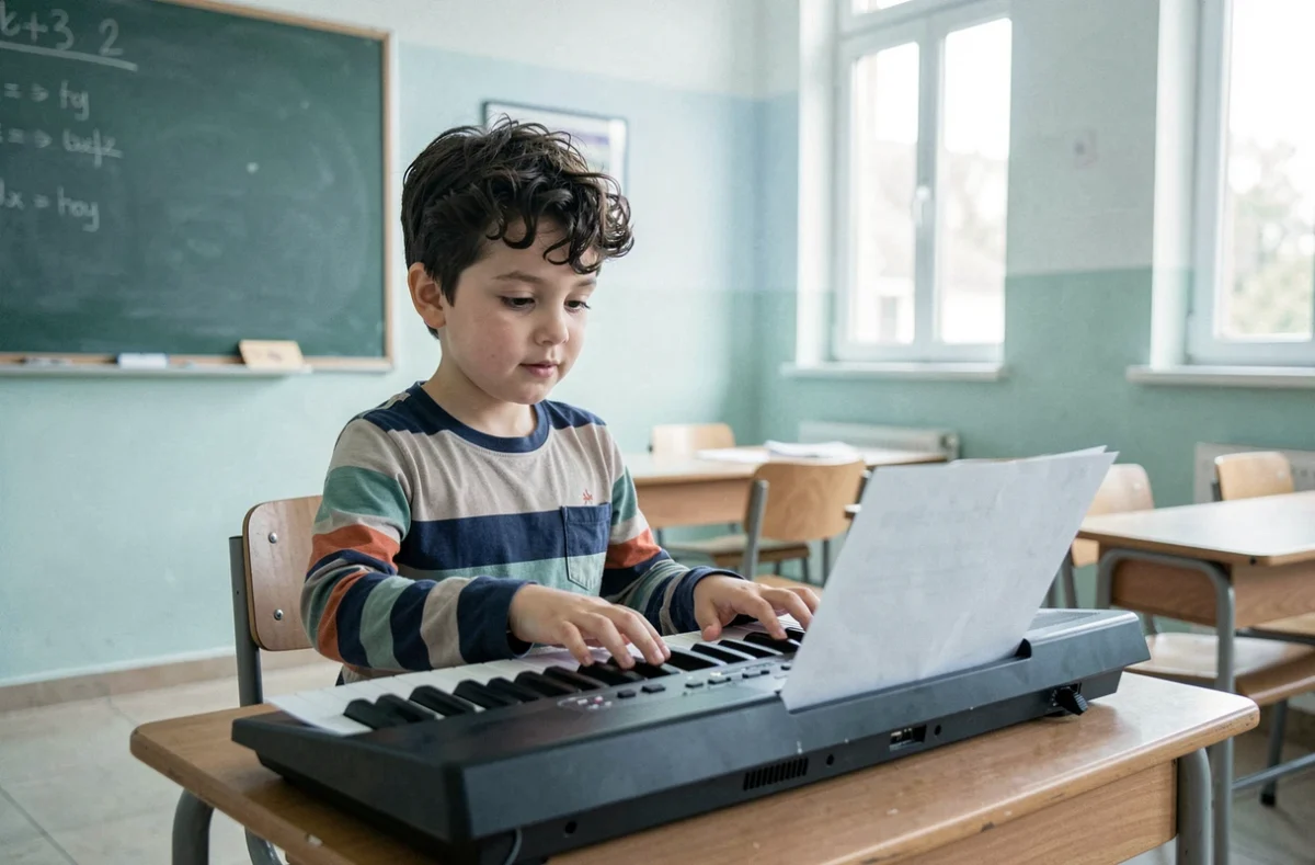 Enfant débutant qui apprend le piano sur un clavier adapté dans une salle de classe