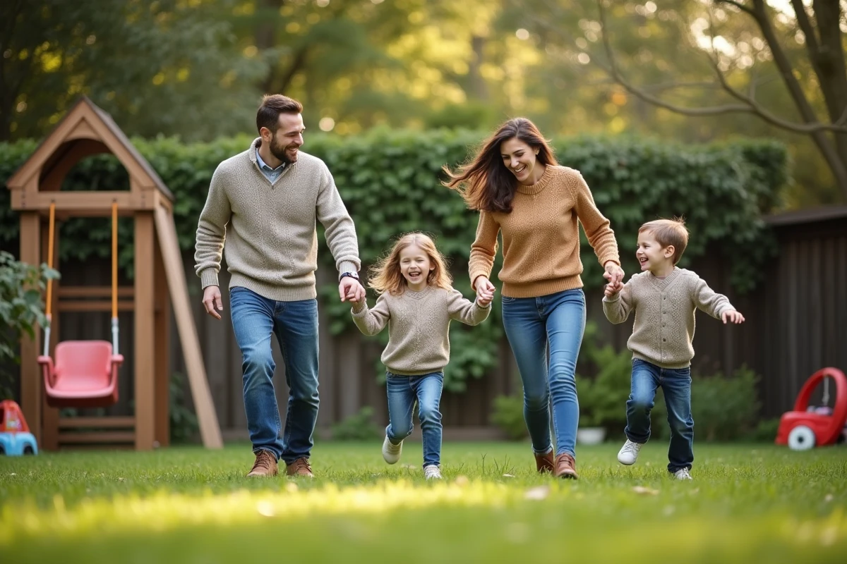 Enfants jouant dans le jardin avec leurs parents en plein air