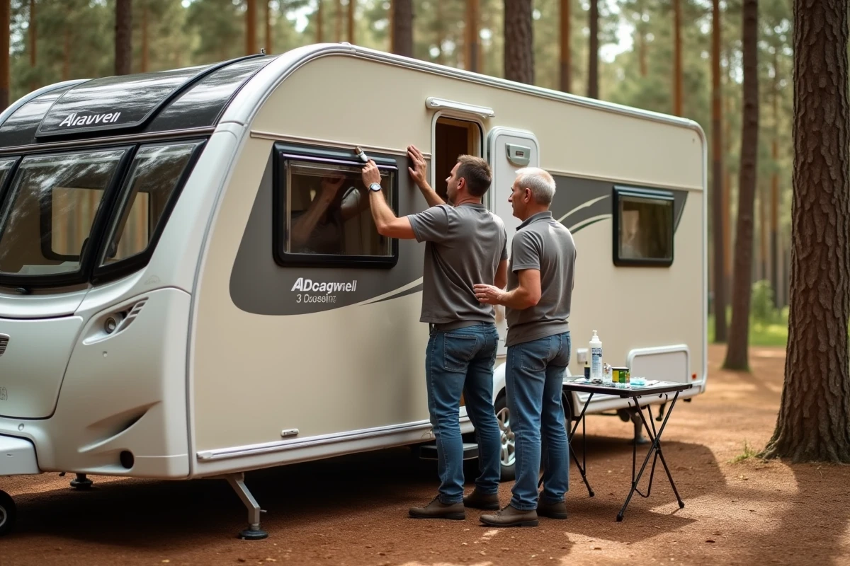 Casal realizando a vedação do teto de uma caravana moderna durante uma sessão de manutenção em camping