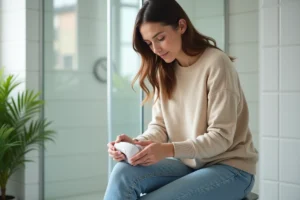 Femme utilisant un epilateur lumière sur la jambe dans salle de bain