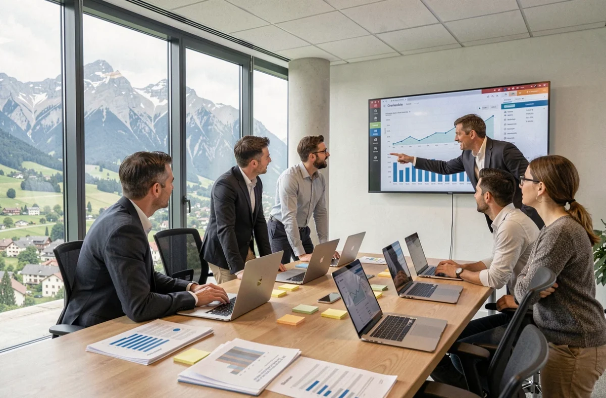 Équipe d'une entreprise de services numériques en réunion dans un bureau moderne de Grenoble avec vue sur les montagnes