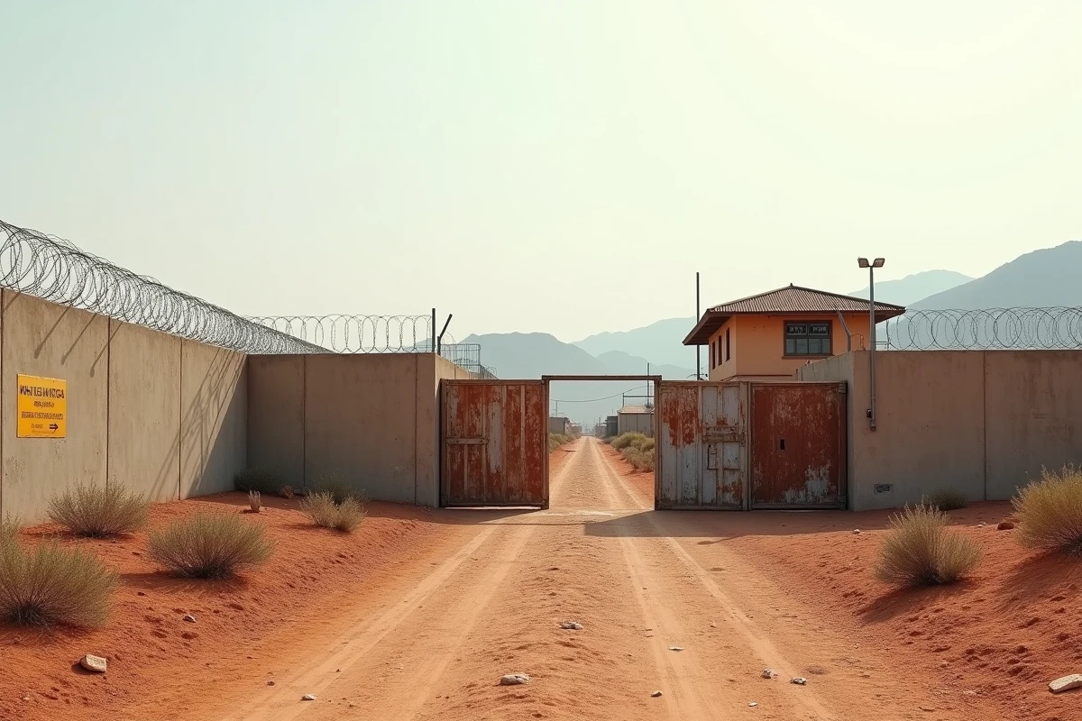 Un mur de béton surmonté de barbelés et une tour de garde rouillée dans un paysage aride d'Afrique de l'Est, symbolisant l'Érythrée comme prison à ciel ouvert sous Isaias Afewerki