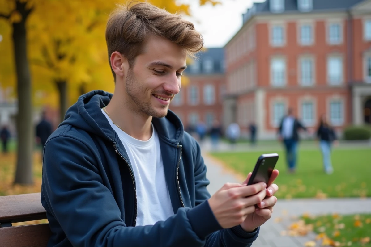 Étudiant consultant l'ENT Angers Université sur smartphone en extérieur sur le campus
