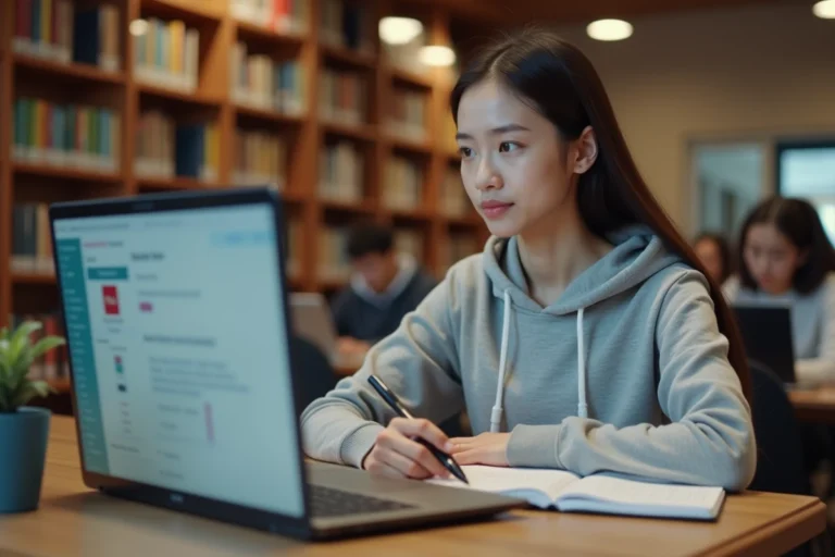 Étudiante utilisant l'ENT de l'Université d'Angers sur son ordinateur portable dans une bibliothèque universitaire