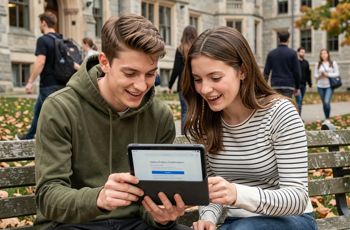 Deux étudiants comparant leurs résultats d'un quiz d'orientation politique en ligne sur un campus universitaire en automne