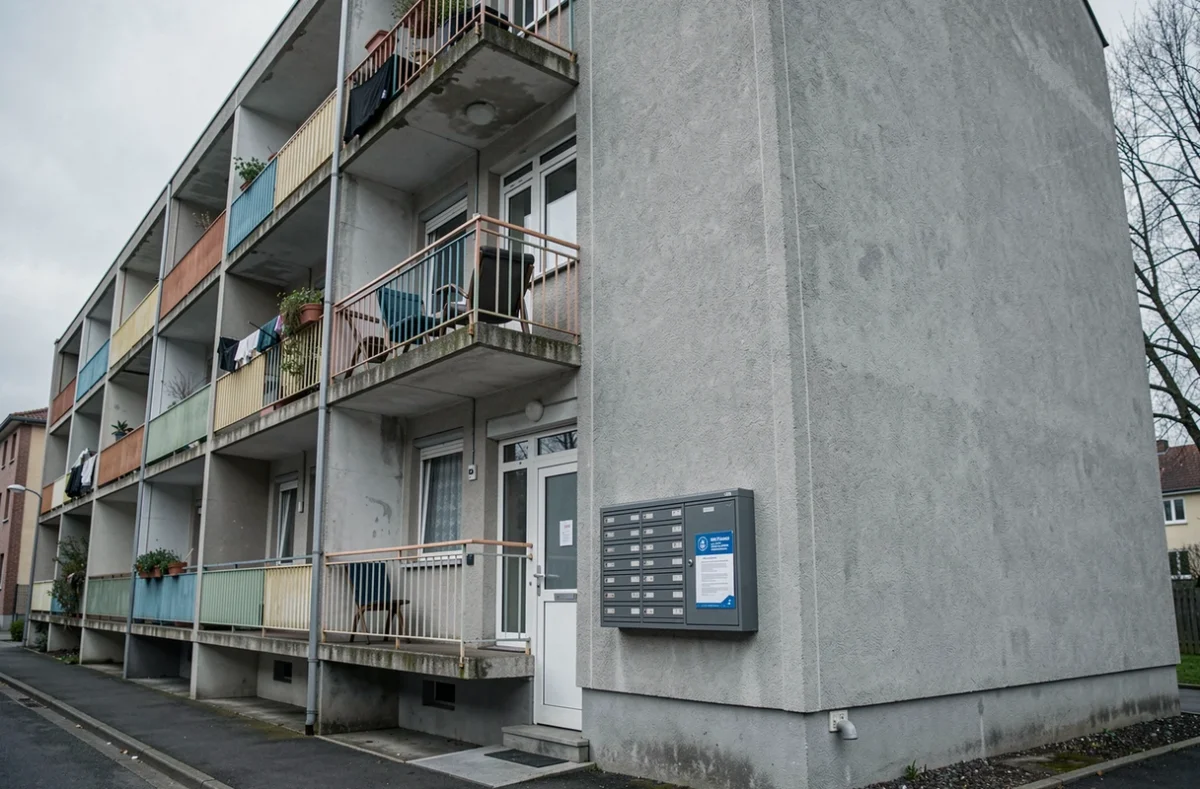 Façade d'un immeuble HLM français avec boîtes aux lettres et affichage administratif illustrant la réglementation des baux