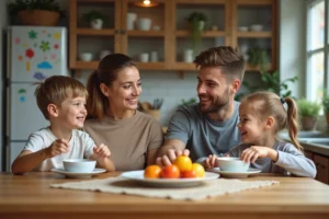 Famille souriante partageant un petit déjeuner convivial à la maison