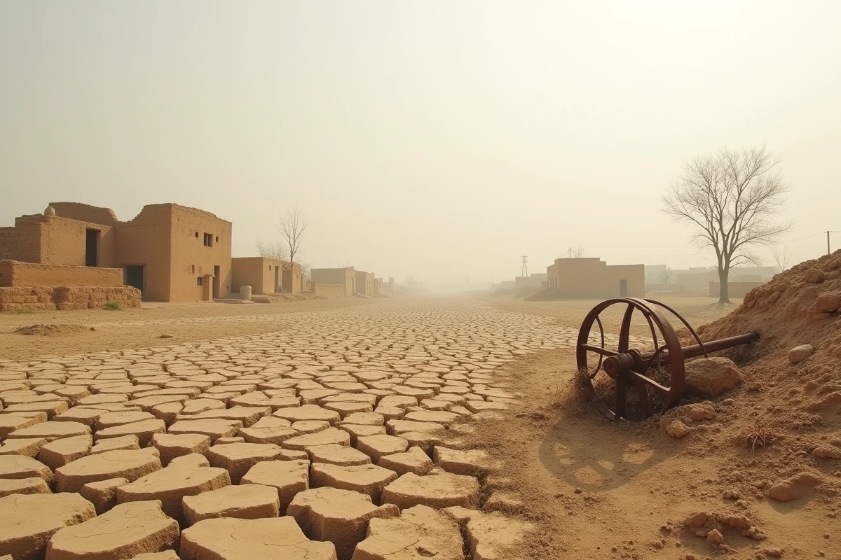 Un paysage rural chinois aride avec des terres desséchées et des structures en boue abandonnées, symbolisant la famine organisée des campagnes maoïstes