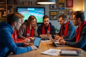 Groupe de supporters de football discutant autour d'une table
