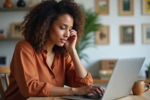 Femme parcourant une galerie d'art contemporain en ligne sur son ordinateur portable dans un bureau chaleureux