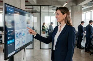 Femme d'affaires présentant une stratégie numérique B2B sur un écran interactif dans un bureau moderne
