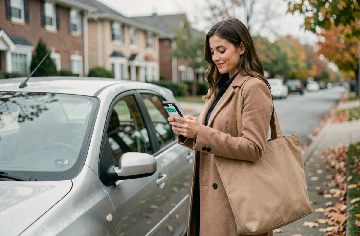 Femme consultant l'application de covoiturage Karos sur son smartphone devant sa voiture dans une rue résidentielle en automne