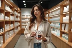 Femme en boutique de soins beauté tenant des flacons élégants