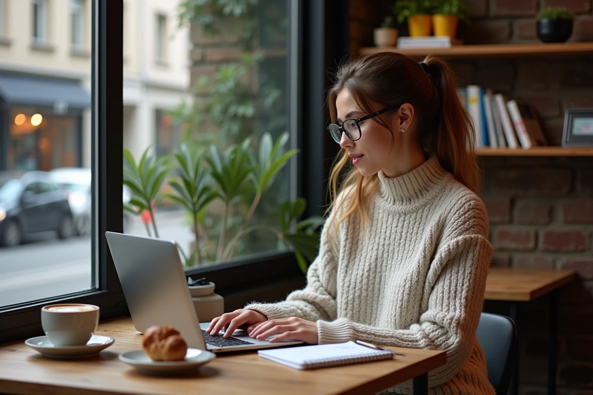 Jeune femme regardant des forums de football dans un café