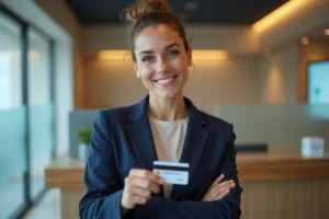 Femme tenant une carte bancaire MCD AS Dual Crédit Agricole dans une agence bancaire moderne