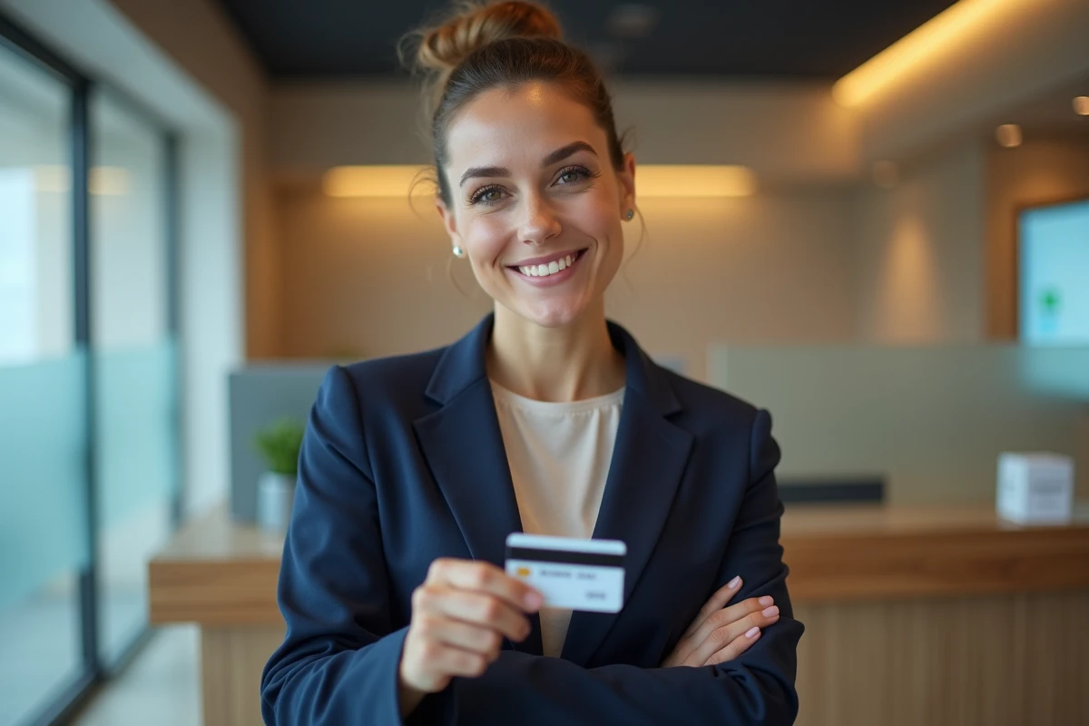 Femme tenant une carte bancaire MCD AS Dual Crédit Agricole dans une agence bancaire moderne