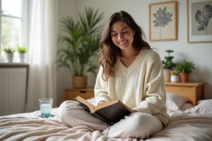 Femme souriante en détente dans sa chambre lumineuse