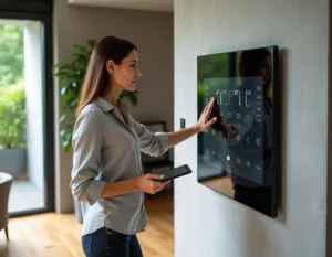 Femme utilisant un panneau de contrôle domotique haut de gamme dans un salon moderne connecté