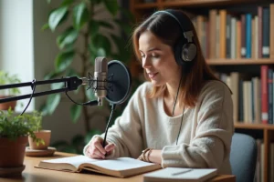 Femme en podcast dans un bureau lumineux et cosy