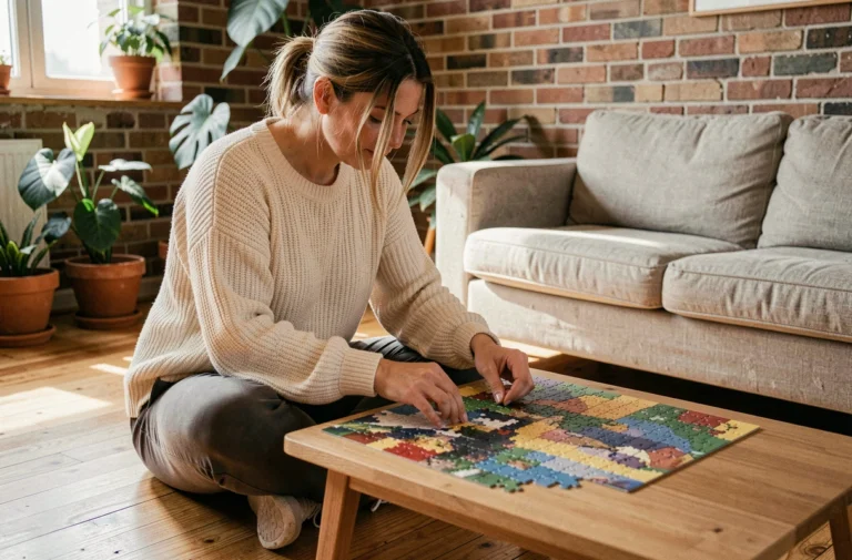 Femme adulte assembant un puzzle coloré sur un plancher en bois dans un salon chaleureux décoré de plantes vertes, idée de loisir créatif à la maison