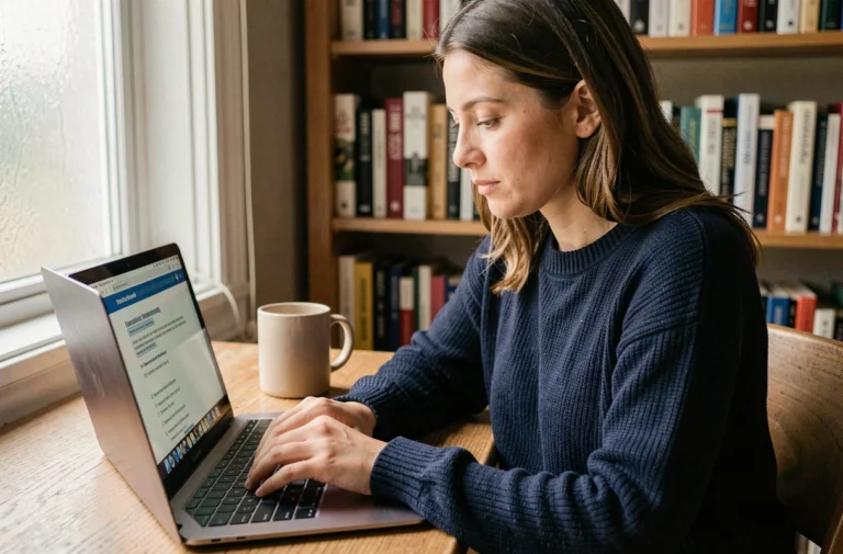 Femme en pull bleu marine répondant à un quiz d'orientation politique en ligne sur un ordinateur portable dans un bureau à domicile