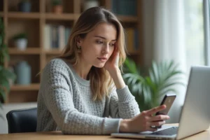 Femme utilisant un annuaire inversé gratuit sur ordinateur portable et smartphone à son bureau à domicile