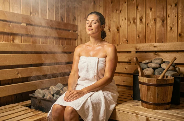 Femme détendue enveloppée dans une serviette blanche assise sur un banc en bois dans un sauna finlandais traditionnel avec pierres chaudes et vapeur